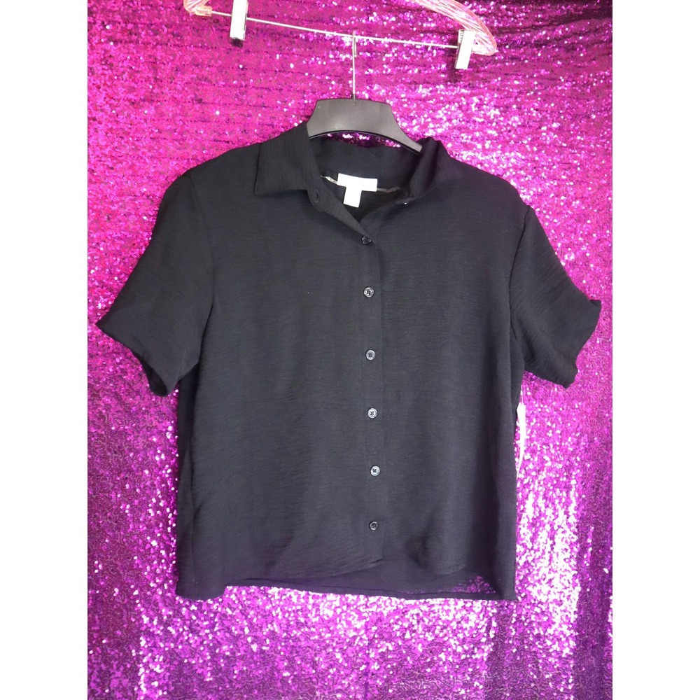 Black Button Down Top Size S Just Be Women Short Sleeve Textured Blouse